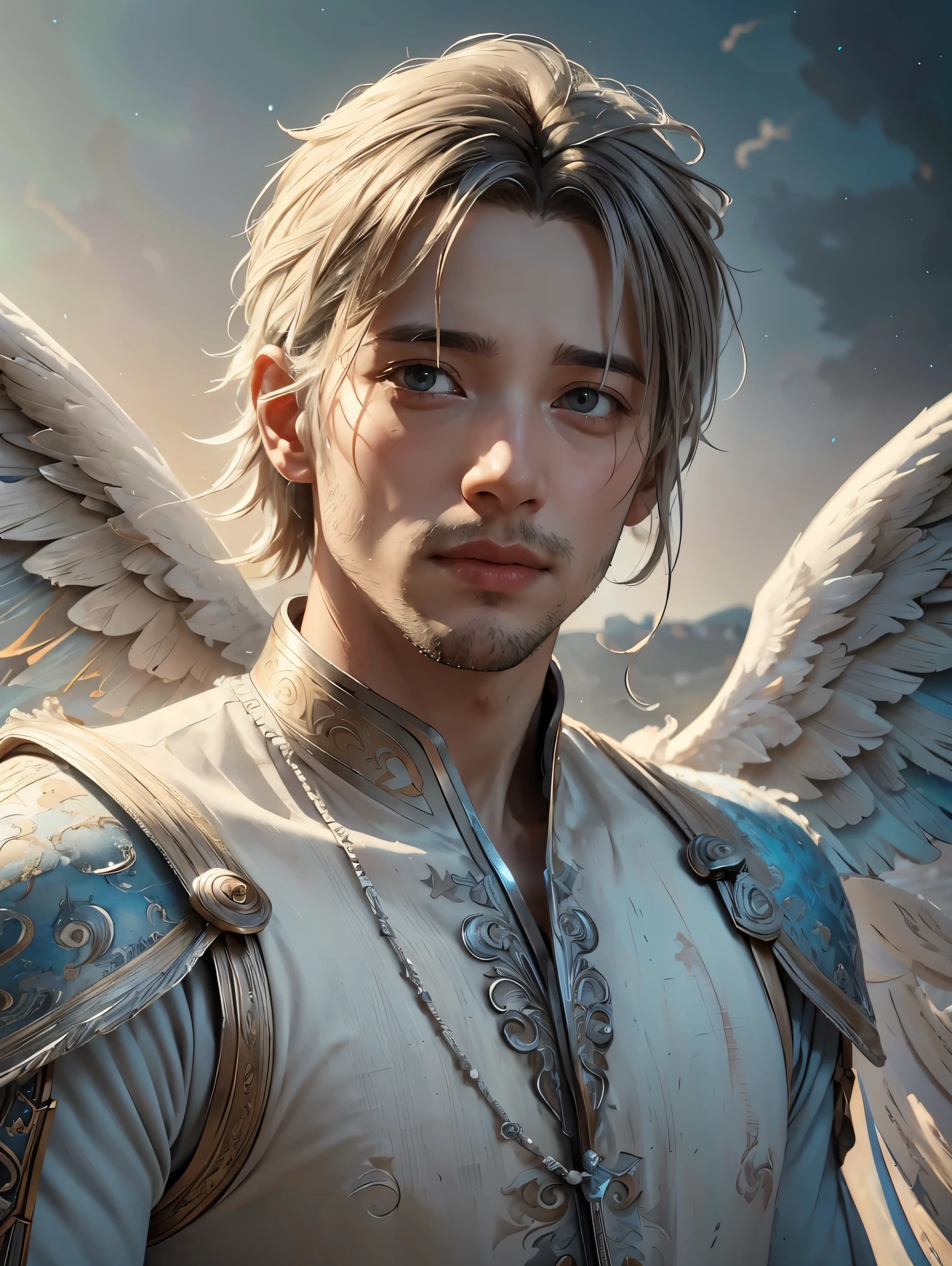 The Horde of Male Celestial Angels Descending from the Sky, realistic epic, soft cinematic portrait, Adobe Lightroom, Photo Lab, highly detailed, faded, (neutral colors: 1.2), (HDR: 1.4), (soft colors:1.2), hyperdetailed, (Artstation:1.4), cinematic, warm lights, dramatic light, (intricate details:1.1), complex background, (Rutkowski:0.66), (blue and orange:0.4)
