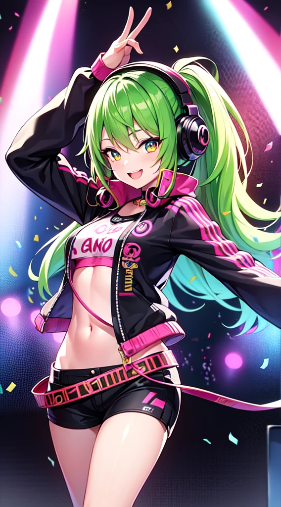 anime girl,club jacket and shorts, headphones,DJ turntable set,club lighting,stage,confetti,dancing,smiling,(best quality:1.2),(ultra-detailed:1.2),(realistic:1.37),HDR,vivid colors,portraits,shorts,headphone girl,energetic pose,colorful lights,stage set,confetti raining,joyful expression,dance floor ,anime style, atmosphere,techno music,electronic dance music,festival vibes,hip hop beats,festival outfit,energetic dance moves,expressive eyes,long hairstyle with vibrant green and red color hair, gold eyes, elaborate makeup neon lights,beaming smile,positive vibes,high-energy performance,stylized backgrounds,colorful visuals,excitement in the air, mid body portrait, back turned 