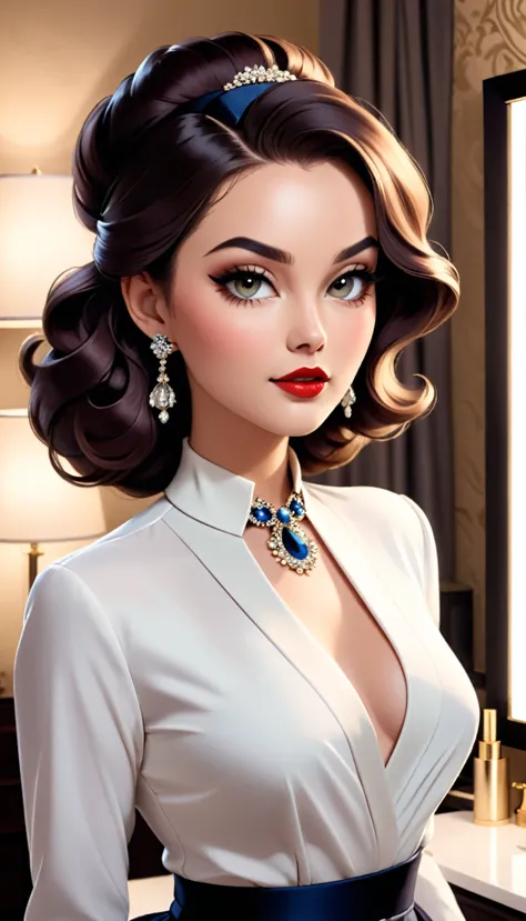 The image features a woman exuding an air of elegance and glamour. Her makeup is done in a sophisticated style, with defined eye...