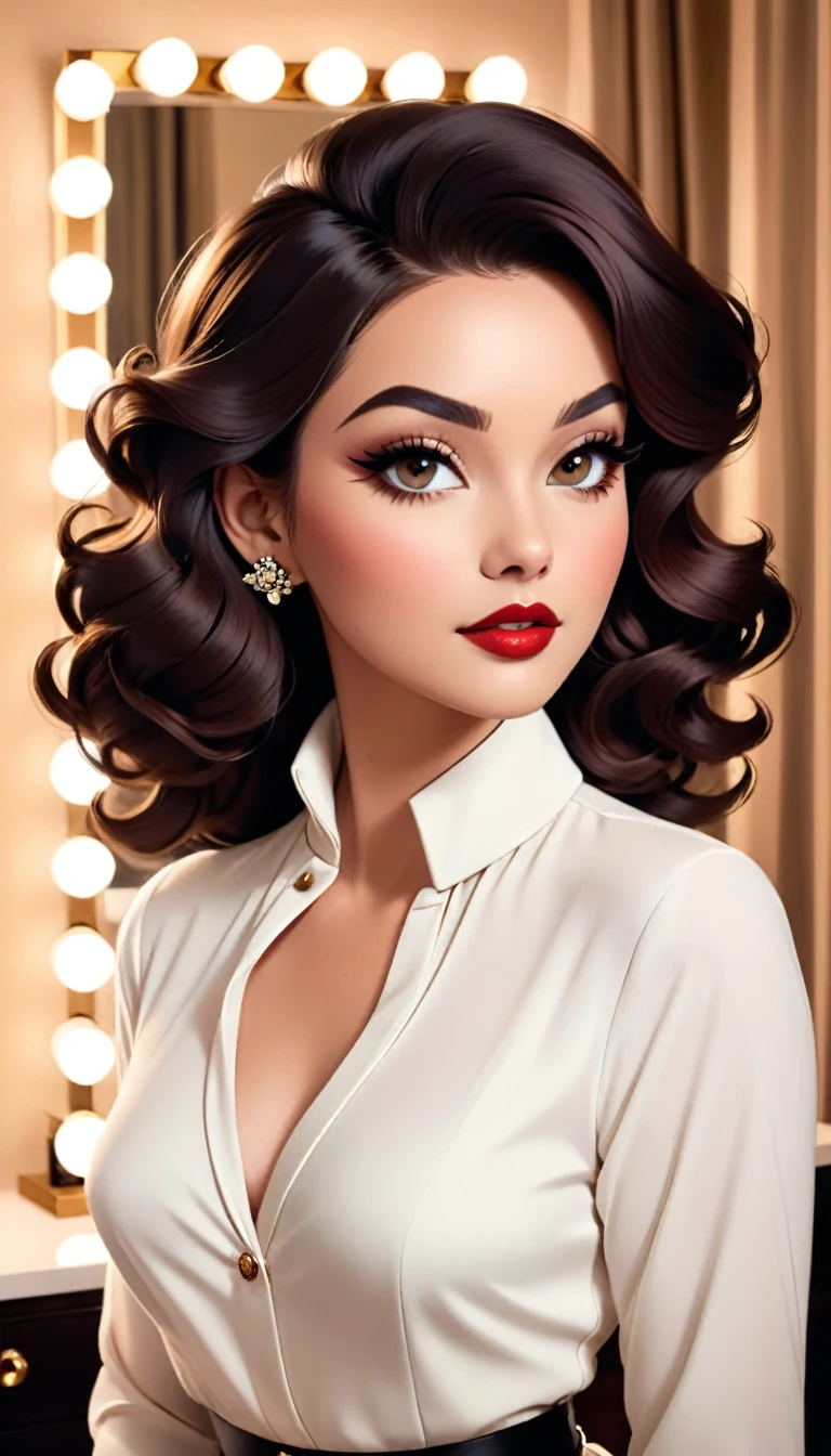 The image features a woman exuding an air of elegance and glamour. Her makeup is done in a sophisticated style, with defined eyeliner, voluminous lashes, and a bold lip color that adds a touch of drama to her look. Her hair is styled in loose curls, enhancing her overall allure. She is wearing a white blouse with a subtle detail on the collar, which adds a touch of refinement to her attire. The lighting in the photograph is warm and soft, highlighting her features and creating a glamorous atmosphere. The background suggests an upscale setting, possibly a dressing room or a boutique, with a mirror and lights that contribute to the luxurious ambiance.