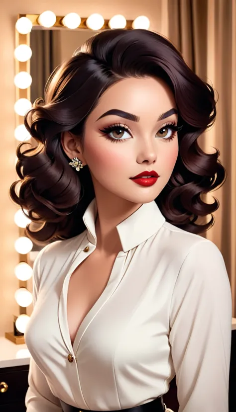 The image features a woman exuding an air of elegance and glamour. Her makeup is done in a sophisticated style, with defined eye...