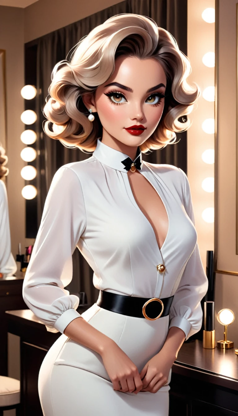 The image features a woman exuding an air of elegance and glamour. Her makeup is done in a sophisticated style, with defined eyeliner, voluminous lashes, and a bold lip color that adds a touch of drama to her look. Her hair is styled in loose curls, enhancing her overall allure. She is wearing a white blouse with a subtle detail on the collar, which adds a touch of refinement to her attire. The lighting in the photograph is warm and soft, highlighting her features and creating a glamorous atmosphere. The background suggests an upscale setting, possibly a dressing room or a boutique, with a mirror and lights that contribute to the luxurious ambiance.