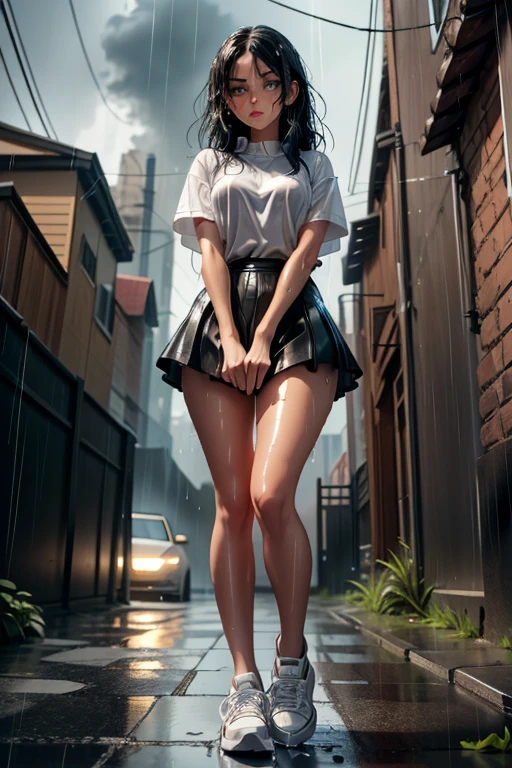 {Freya Tingley, slender, slim waist, perfect body, she is in an alley Against a wall, Brick wall, doodling, Dim lighting, alley}, (long black hair), (detailed eyes), (bright green eyes), (shy appearance wearing a large men's shirt and very short black genuine leather skirt), ((white Adidas sneakers), (it's raining, rainy weather, cloudy sky raining, she's all wet), full body, view from below.