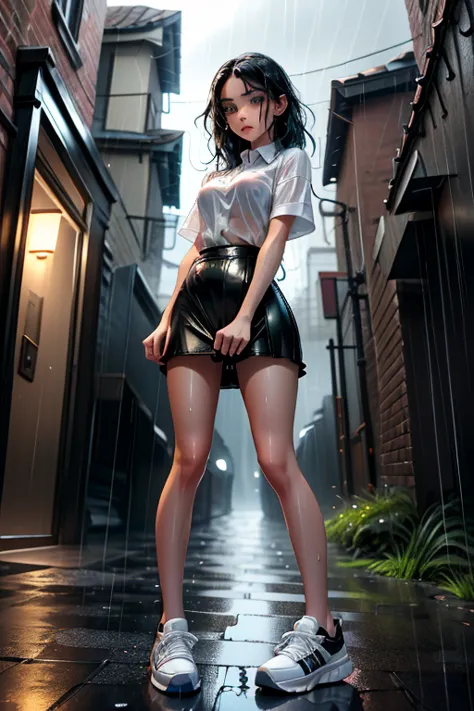 {Freya Tingley, slender, slim waist, perfect body, she is in an alley Against a wall, Brick wall, doodling, Dim lighting, alley}...