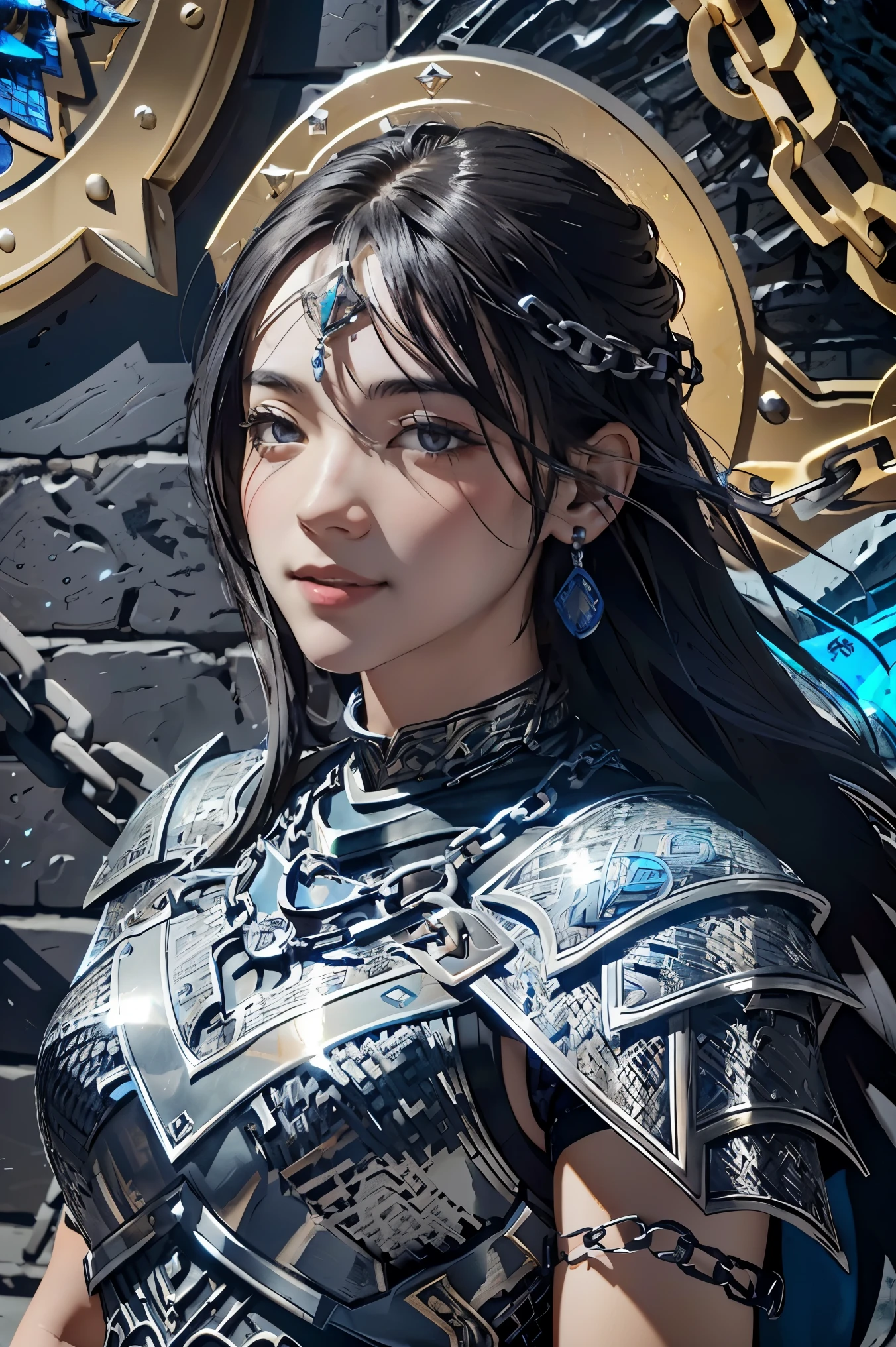 (masterpiece, best quality),  intricate details, 8k, artstation, wallpaper, official art, splash art, sharp focus,
1girl,  solo,  Aasimar \(Dungeon and Dragon setting\), black hair with blond at the highlight, bright blue left eye, and red right eye, ear pierces
,(Chain mail with Anvil emblem on it:1.3), ,wearing [armor|dress], 