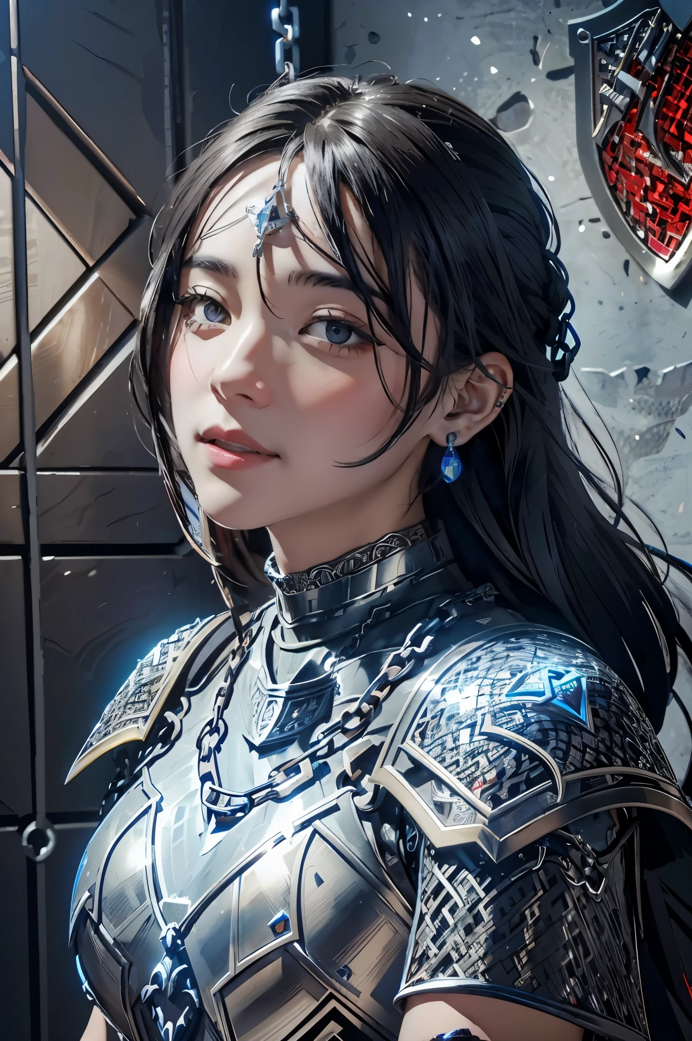 (masterpiece, best quality),  intricate details, 8k, artstation, wallpaper, official art, splash art, sharp focus,
1girl,  solo,  Aasimar \(Dungeon and Dragon setting\), black hair with blond at the highlight, bright blue left eye, and red right eye, ear pierces
,(Chain mail with Anvil emblem on it:1.3), ,wearing [armor|dress], 