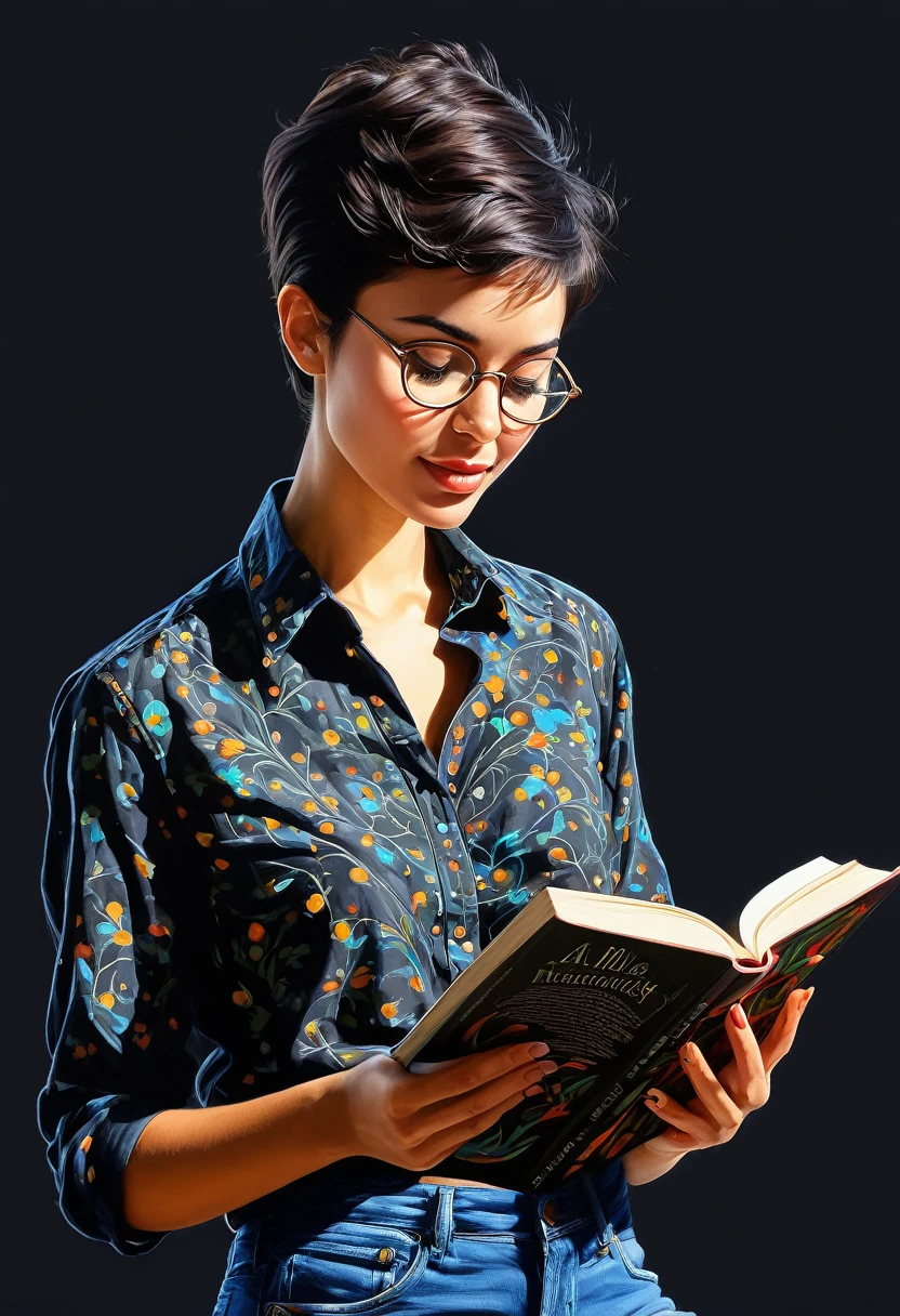 crea una mujer con pelo corte pixie ,con camisa negra , leyendo un libro obra maestra, estilo ilustracion de Ali Erturk, alto detalle, hiperrealista, luz natural,ilustracion , colores llamativos
