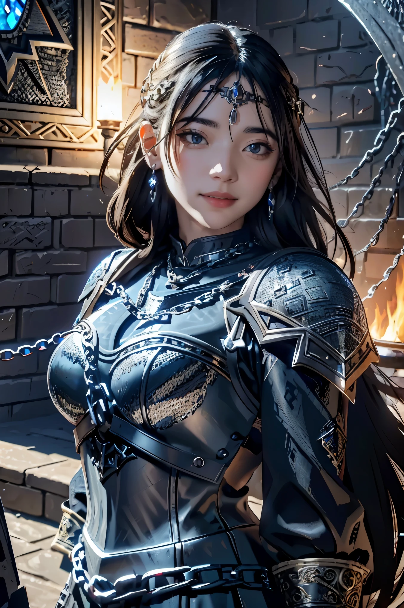 (masterpiece, best quality),  intricate details, 8k, artstation, wallpaper, official art, splash art, sharp focus,
1girl,  solo,  Aasimar \(Dungeon and Dragon setting\), black hair with blond at the highlight, bright blue left eye, and red right eye, ear pierces
,(Chain mail with Anvil emblem on it:1.3), ,wearing [armor|dress], 
