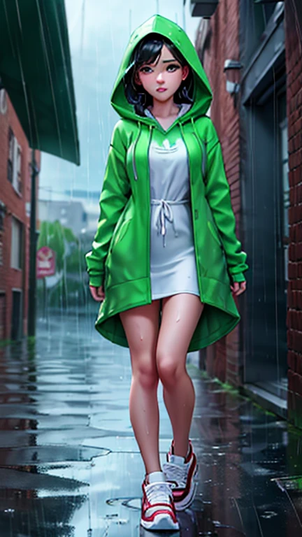 {Freya Tingley, hot, slim waist, perfect body, she is in an alley Against a wall, Brick wall, doodling, Dim lighting, alley}, (long black hair), (detailed eyes), (bright green eyes), (shy appearance wearing a big coat with fur hoods, naked), ((white Adidas sneakers), (it's raining, rainy weather, cloudy sky raining, she's all wet), full body, dynamic view.