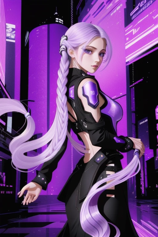 (obra de arte, melhor qualidade),  detalhes intrincados,
1 garota, (cabelo longo gradiente branco roxo, indiferente, tipo:1.2), roupas pretas, Dinâmico, Olhando para o visualizador, fundo de luzes cyberpunk