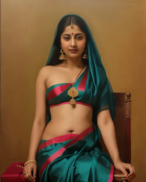 masterpiece,8k uhd, hdr, realistic, hyper realistic, intricate, vibrant colour, painting of a woman in a yellow sari sitting on ...