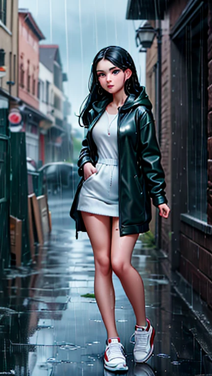 {Freya Tingley, hot, slim waist, perfect body, she is in an alley Against a wall, Brick wall, doodling, Dim lighting, alley}, (long black hair), (detailed eyes), (bright green eyes), (shy appearance wearing a short velvet coat, and black genuine leather leg), ((white Adidas sneakers), (it's raining, rainy weather, cloudy sky raining, she's all wet), full body, dynamic view.