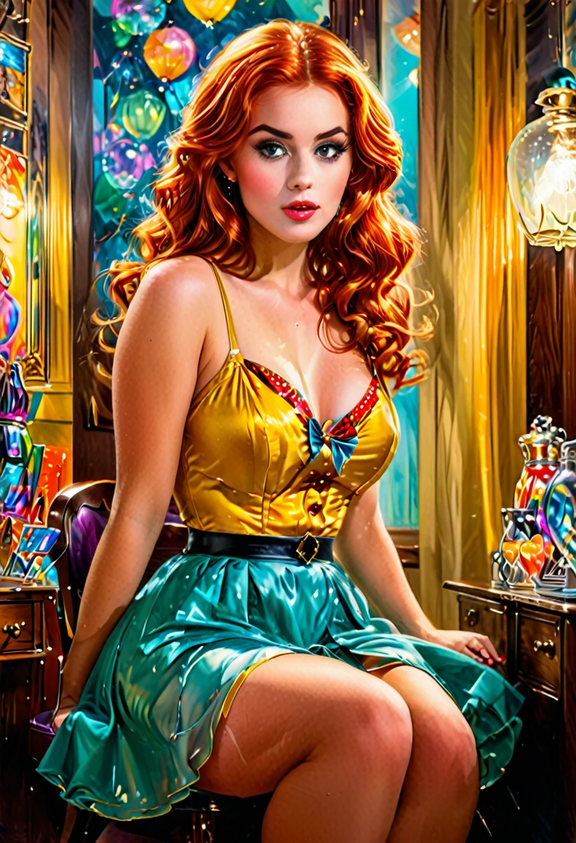 20 years old girl Isla Fischer lookalike, sitting on the chair, vintage,  retro pin up style,sexy, mouth O, surprised, up skirt, flowing skirt,  colorful , masterpieces, illustrated,ambr1
