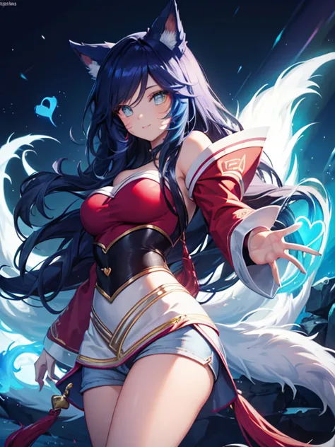 Ahri con una sudadera informal con capucha gris claro.,Jeans cortos, hermosos ojos detallados, cara sonriente, long eyelashes, h...