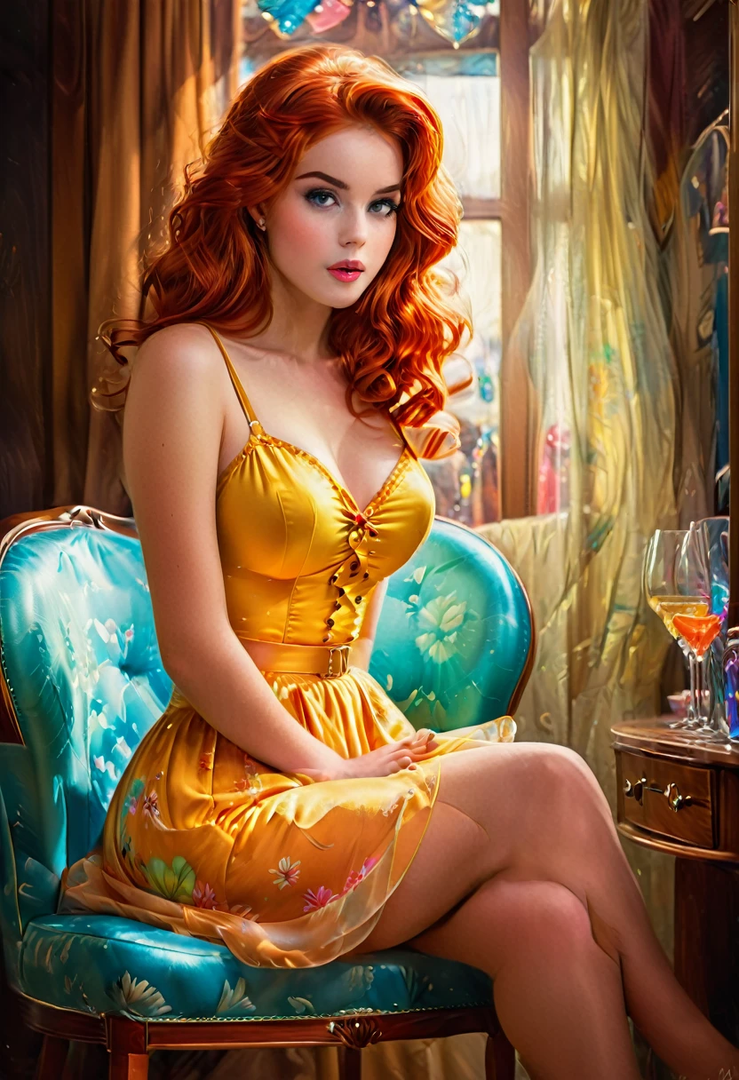 20 years old girl Isla Fischer lookalike, sitting on the chair, vintage,  retro pin up style,sexy, mouth O, surprised, up skirt, flowing skirt,  colorful , masterpieces, illustrated,ambr1

