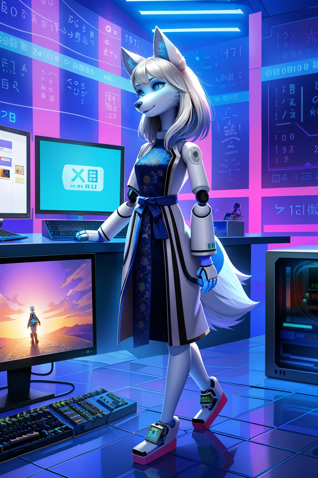 1 girl, solo, android, wolf anthro, empty eyes, Silver hair, blue lipstick, Japanese dress, 3d pixar, computer numbers background, robot walk