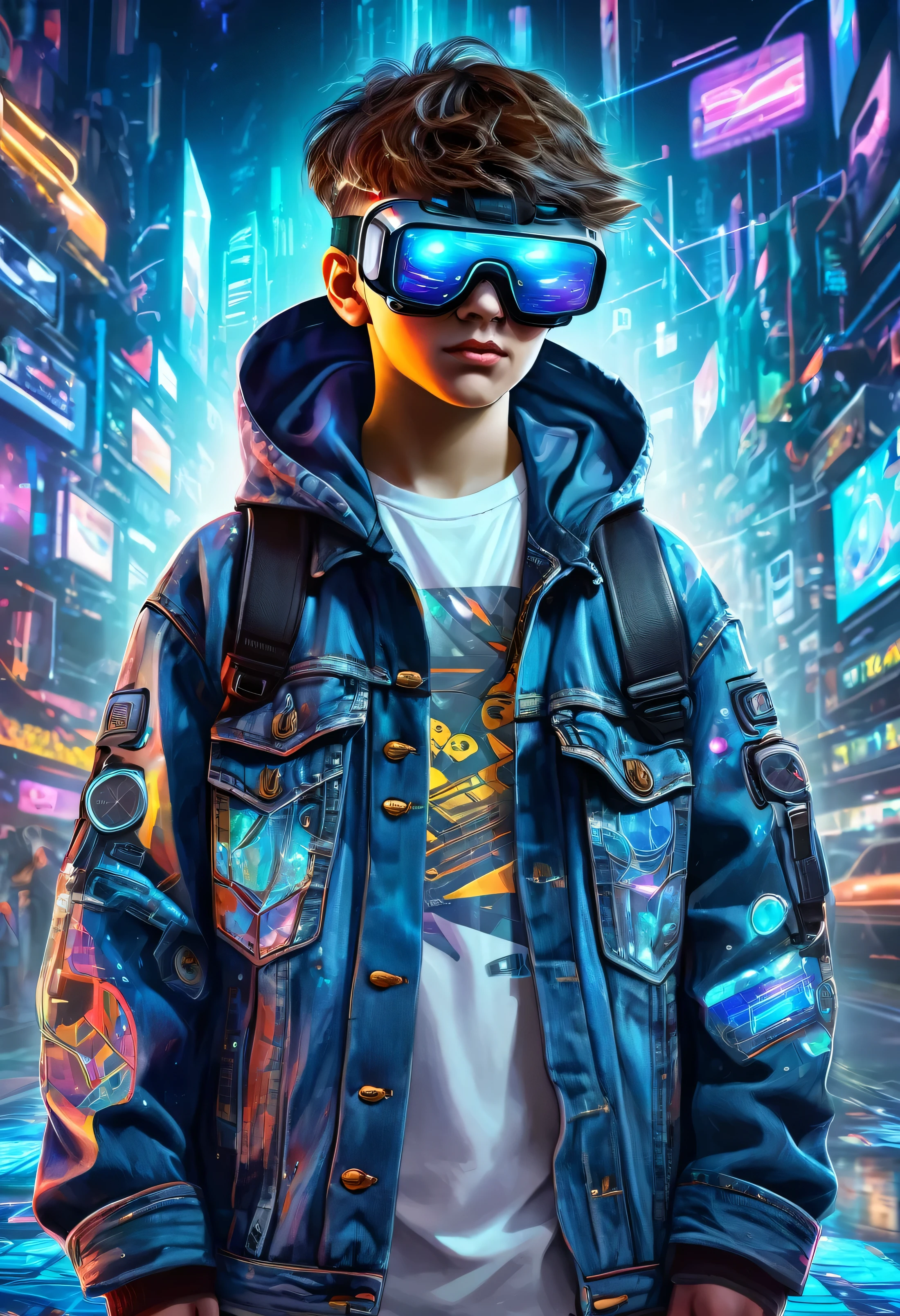 Young cyberpunk boy in big denim jacket VR glasses, on his face, from the front, virtual reality,  holographic graphics around him, many worlds dive into the background, digital painting, details.