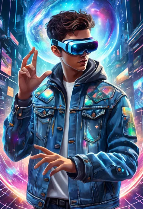 young cyberpunk man in denim jacket, large vr glasses, on his face, from the front, virtual reality, touching the holographic sp...