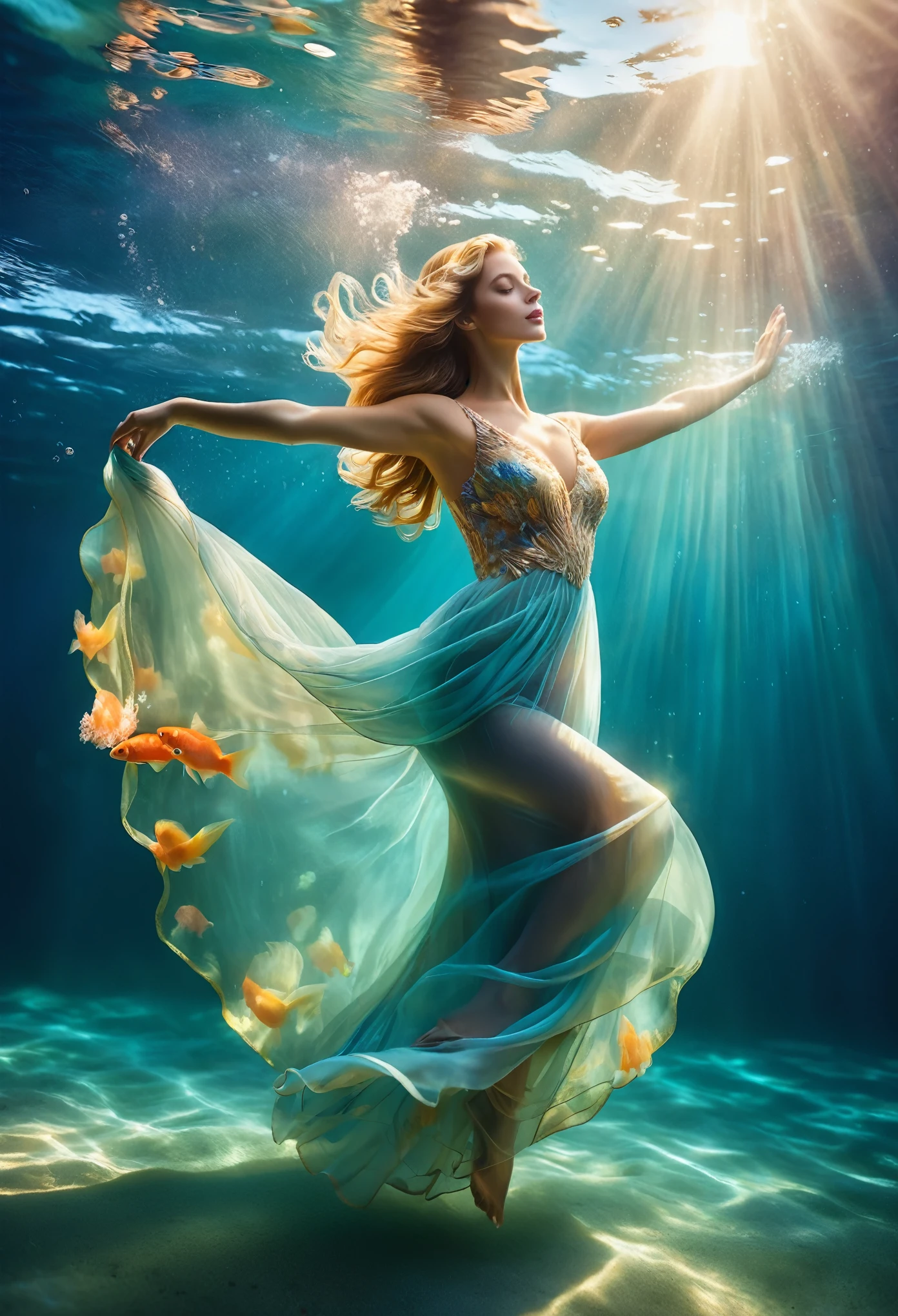 晴れた日に (フルイブニングドレスを着て青い海水に浮かぶ魅力的な女性, ヘッドピース, 腰を曲げて, 水中体操, 水中写真, 幽玄な雰囲気, エレガントな水中照明, 最高の品質, 高解像度, 超微細, 写真リアリズム: 1.37, ショースタイル, ゼナ・ホロウェイスタイル, 夢のようなパレットの鮮やかな色彩, 水を通して輝く柔らかい金色の太陽の光, 天の光を作り出す. 海面はキラキラと輝き、緑豊かです, 流れるようなイブニングドレスの生地が水の中で優雅に揺れる. 女性の魅力的な視線, 魅力的で表情豊かな目, 長い髪が優しく流れ、地面が水に浮かぶ, 魔法のような無重力の雰囲気を醸し出す, 色鮮やかな魚や繊細なサンゴなどの海洋生物からの微妙なヒント付き, 水に浮かぶ静寂と静けさを捉える, 優雅さと洗練さが海の自然の美しさと融合, 女性は優雅さと自信を醸し出す, 水環境に自然に溶け込む.