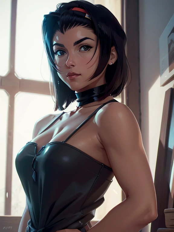 (Meisterwerk, Beste Qualität, Sehr detailiert, Trend in artstation,kompliziert), detaillierte Augen, (Faye San Valentin, lila Haare, Schwarzes Kleid),   