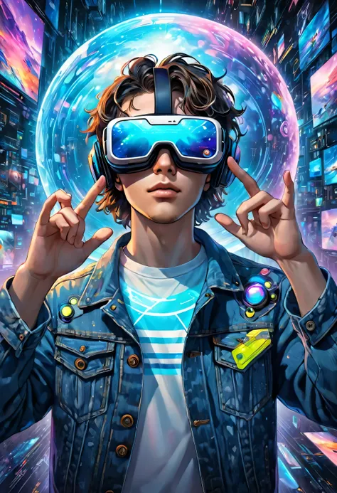 young cyberpunk man in denim jacket, large vr glasses, on his face, from the front, virtual reality, touching the holographic sp...