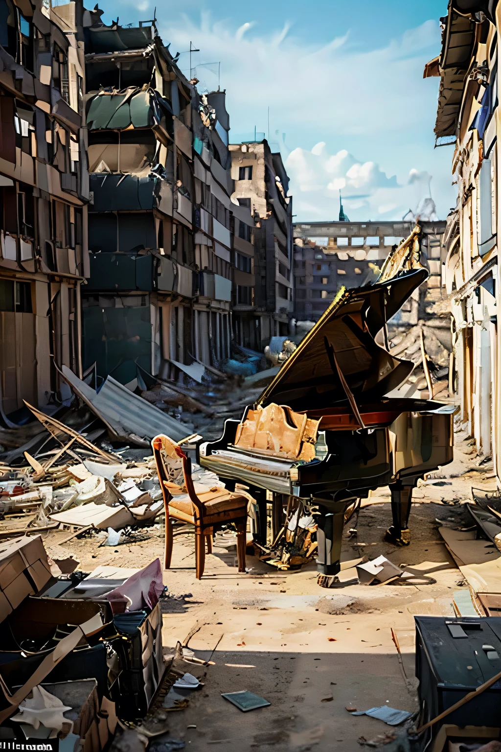 戦争で荒廃したベルリンの真っ只中, そこにはグランドピアノが置いてあった, 瓦礫の中で奇跡的に無傷. このピアノはかつて戦争勃発時に街から逃げた有名なピアニストの所有物だった。, 愛する楽器を残して.
