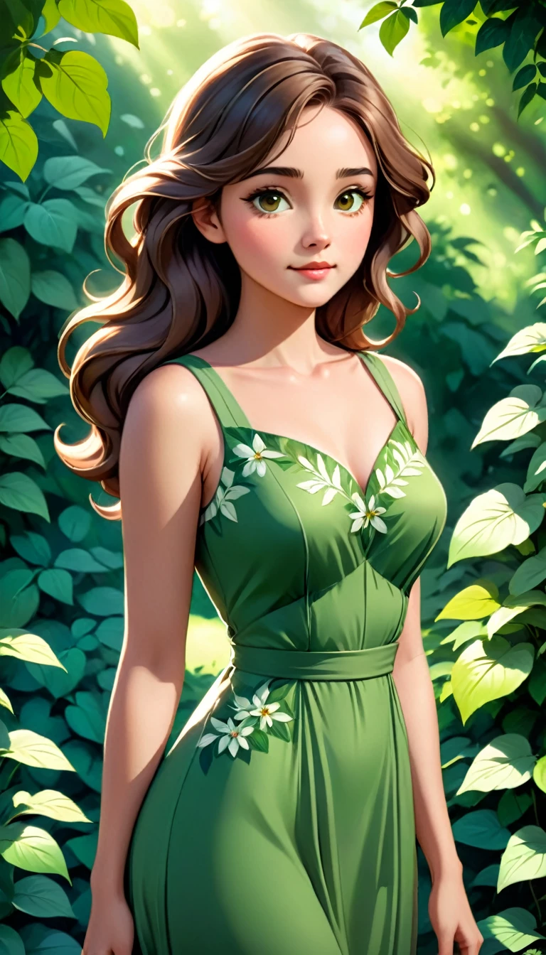 In the image, a young woman with long, wavy brown hair is the central figure. She is standing in a serene garden setting, with lush greenery and trees forming a natural backdrop. The woman is wearing a sleeveless, green dress that features a floral pattern, adding a touch of nature-inspired elegance to her appearance. Her gaze is directed towards the camera, and she has a gentle, contemplative expression on her face. The sunlight filters through the leaves, casting soft shadows on her dress and highlighting the details of her attire and the surrounding foliage. The overall composition of the image suggests a peaceful, idyllic moment captured in time, with the woman's presence adding a sense of life and vitality to the scene.