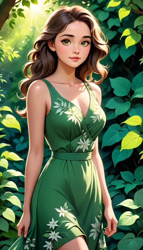 In the image, a young woman with long, wavy brown hair is the central figure. She is standing in a serene garden setting, with l...