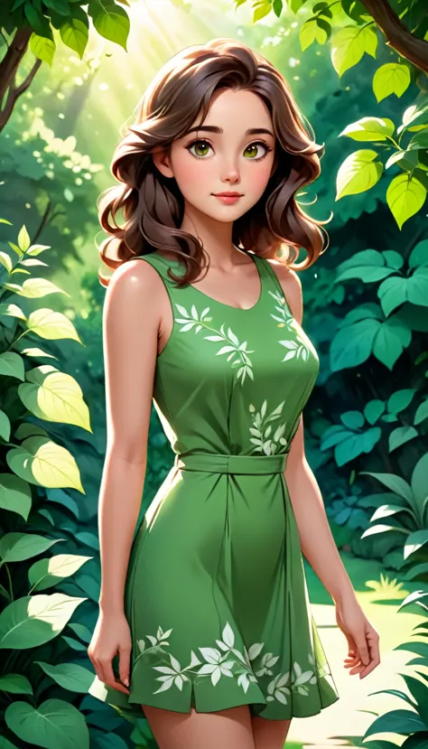 In the image, a young woman with long, wavy brown hair is the central figure. She is standing in a serene garden setting, with l...