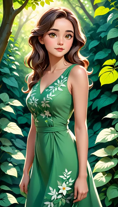 In the image, a young woman with long, wavy brown hair is the central figure. She is standing in a serene garden setting, with l...