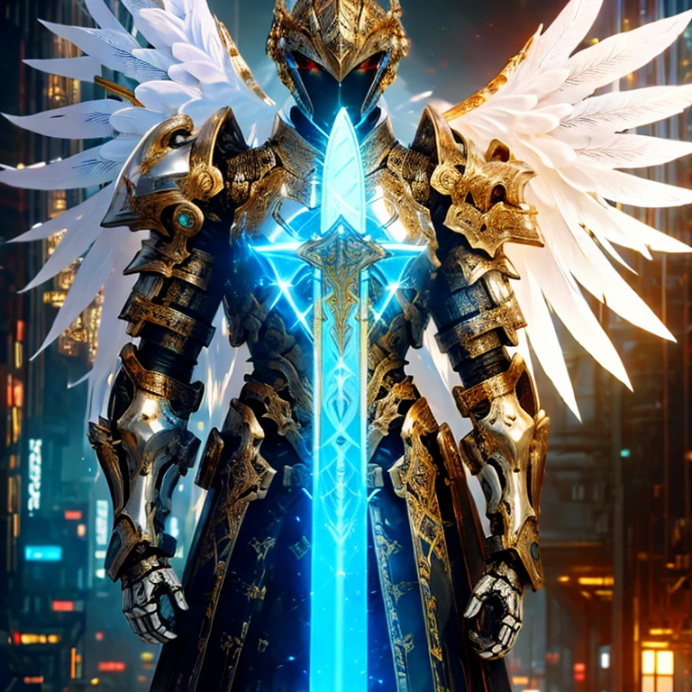 (masterpiece, best quality:1.2), a subject, A warrior in armour techno fantasy style, holy sword,(technological aggressive design), cyberpunk, 4K, UHD, (Photorealistic:1.4),Ultra high resolution, masterpiece, ultra realistic, ultra nitide, insane details, ((white and gold, angel themed))