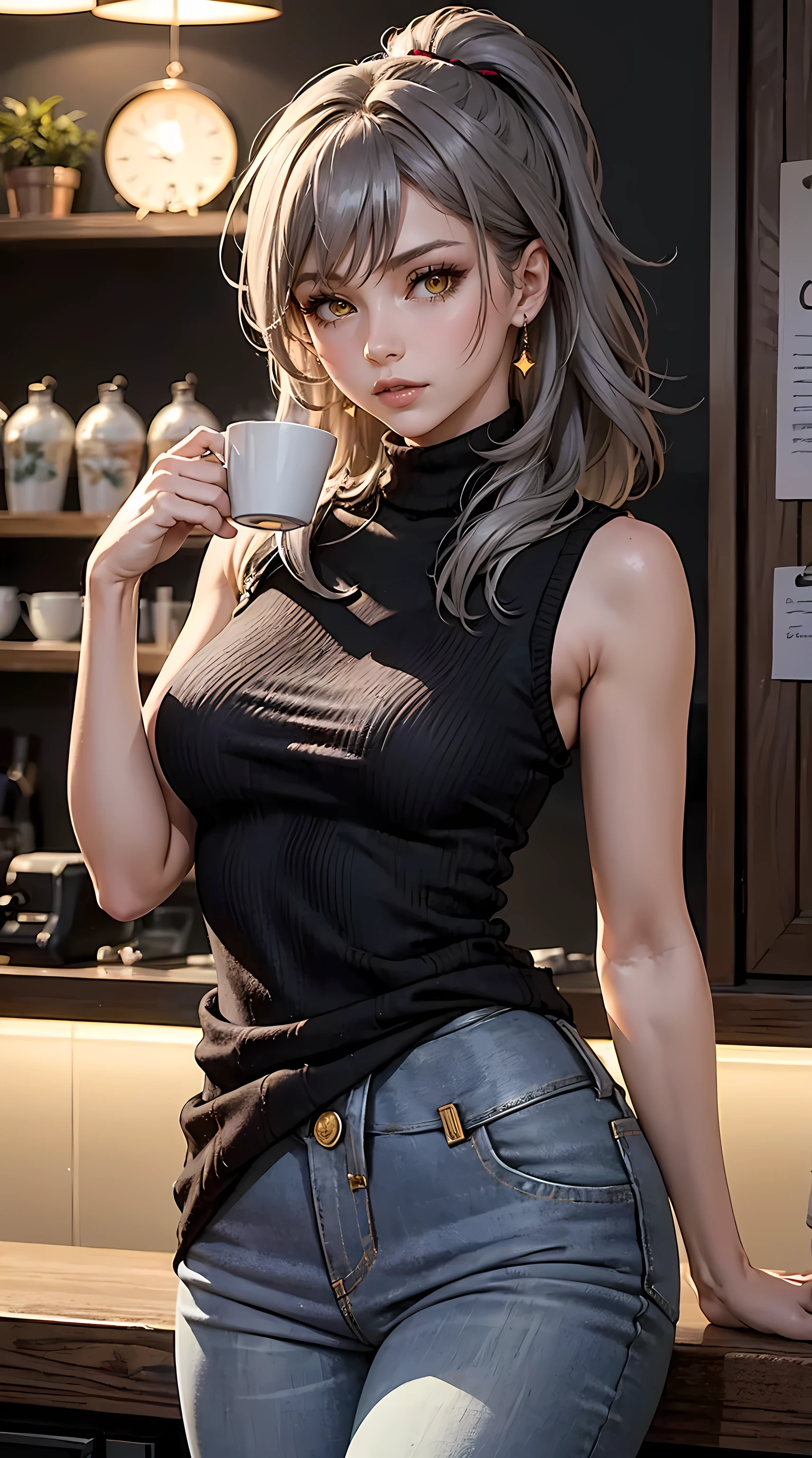 Beautiful gray hair woman is shown to have a sexy figure, she is wearing a sexy turtleneck sleeveless sweater and jeans, cozy look, ponytail, yellow eyes, girl in a coffee shop ,sexy session, sexy pose, cowboy shot, superior quality, many details, realistic