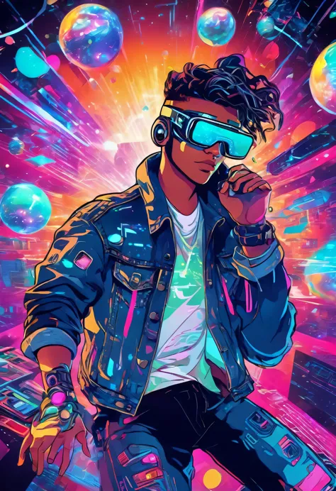 young cyberpunk man in denim jacket, large vr glasses, on his face, from the front, virtual reality, touching with his fingers t...