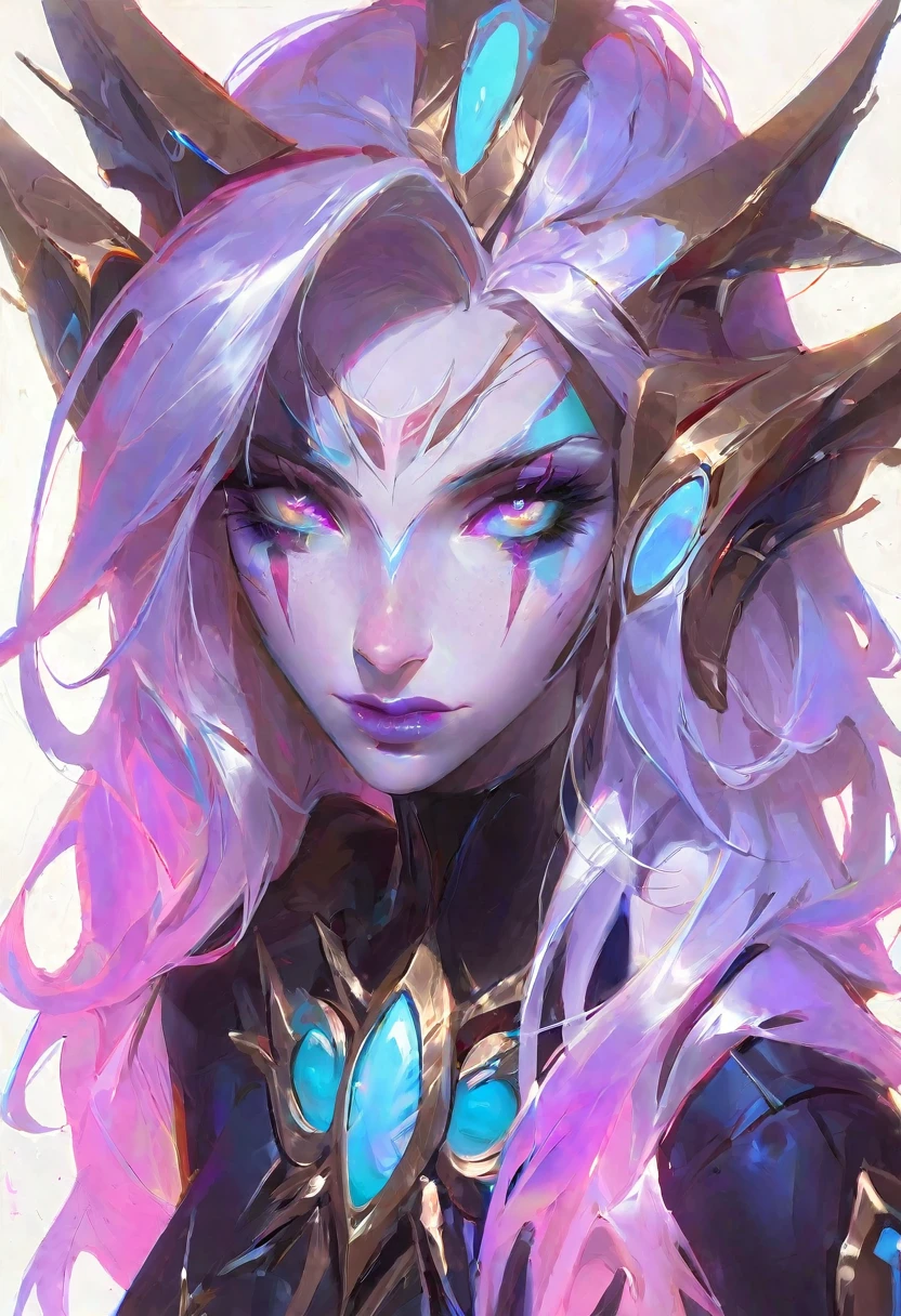 An hyper detailed gouache painting, professional illustration of beautiful woman, facing the camera, wide shot, from above:1.5, best aesthetic, lolsplashart, League of Legends, iridescent pastel colors, glossy skin effect, loose paint, vibrant, white background, high quality, artwork :1.4, half body portrait, sketch, Symmetrical human features, symmetrical eyes, amazing quality, masterpiece, best quality, hyper detailed, ultra detailed, UHD, perfect anatomy