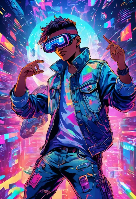 young cyberpunk man in denim jacket, large vr glasses, on his face, from the front, virtual reality, touching with his fingers t...