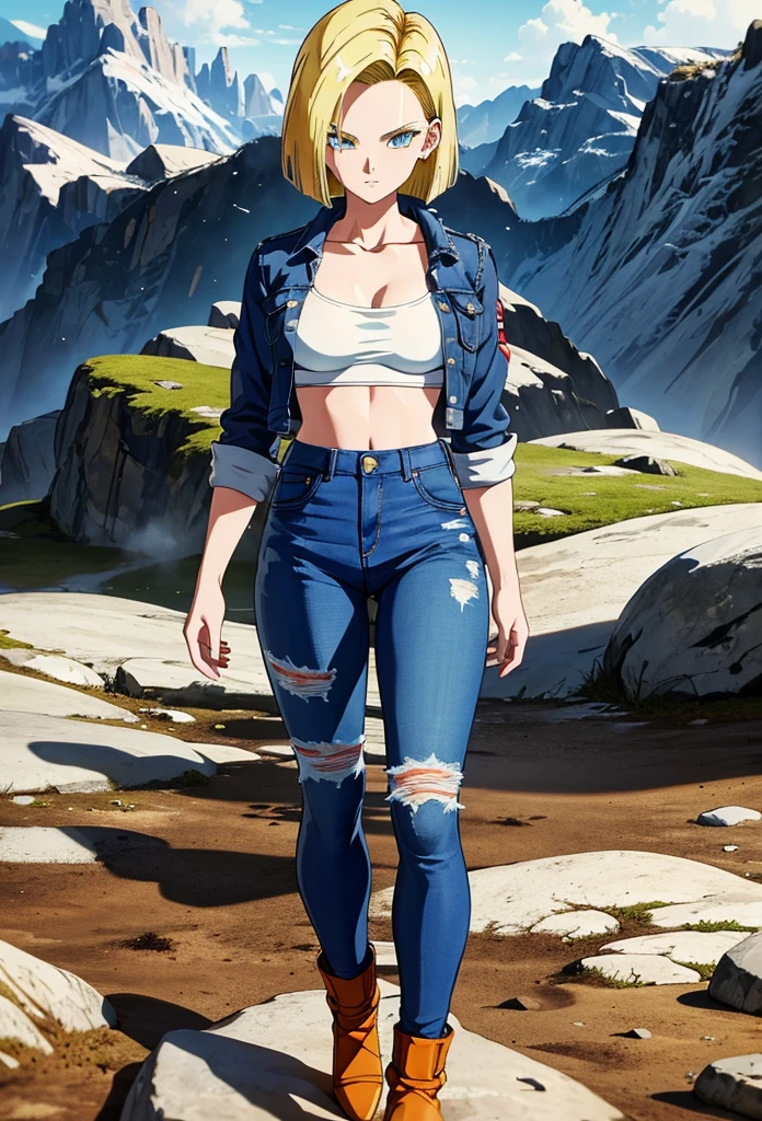  androïde 18, pantalon en jean, veste en jean, t-shirt blanc, Vêtements déchirés, se concentrer sur le décolleté, vue ci-dessus, soutien-gorge blanc, regardant le spectateur, décolleté saisissant, debout, Dans les montagnes 