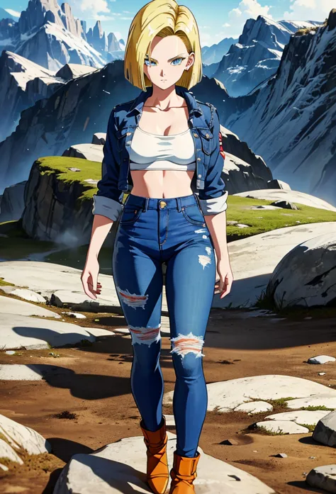 android 18, jean pants, jeans jacket, white tshirt, torn clothes, focus on neckline, above view, white bra, looking to the viewe...