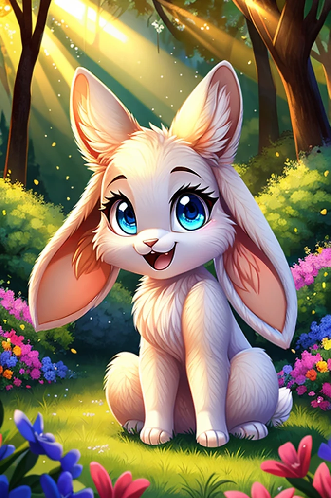 zoomed out image, fantasy style art, cute, adorable, tiny, small character, little fluffy anthropomorphic female white bunny with blue eyes, 2 extra ears, 4 ears, big floppy ears, long ears, ears perked up, raised ears, 2 ears perked up and 2 ears flopping down, long eyelashes, extra fluffy fur coat, no clothes, smiling, standing in a forest, big expressive smile, open mouth, wide eyes, excited eyes, excited face, stunning visuals, sunlight coming through the trees, colorful flowers scattered in the bushes, digital illustration