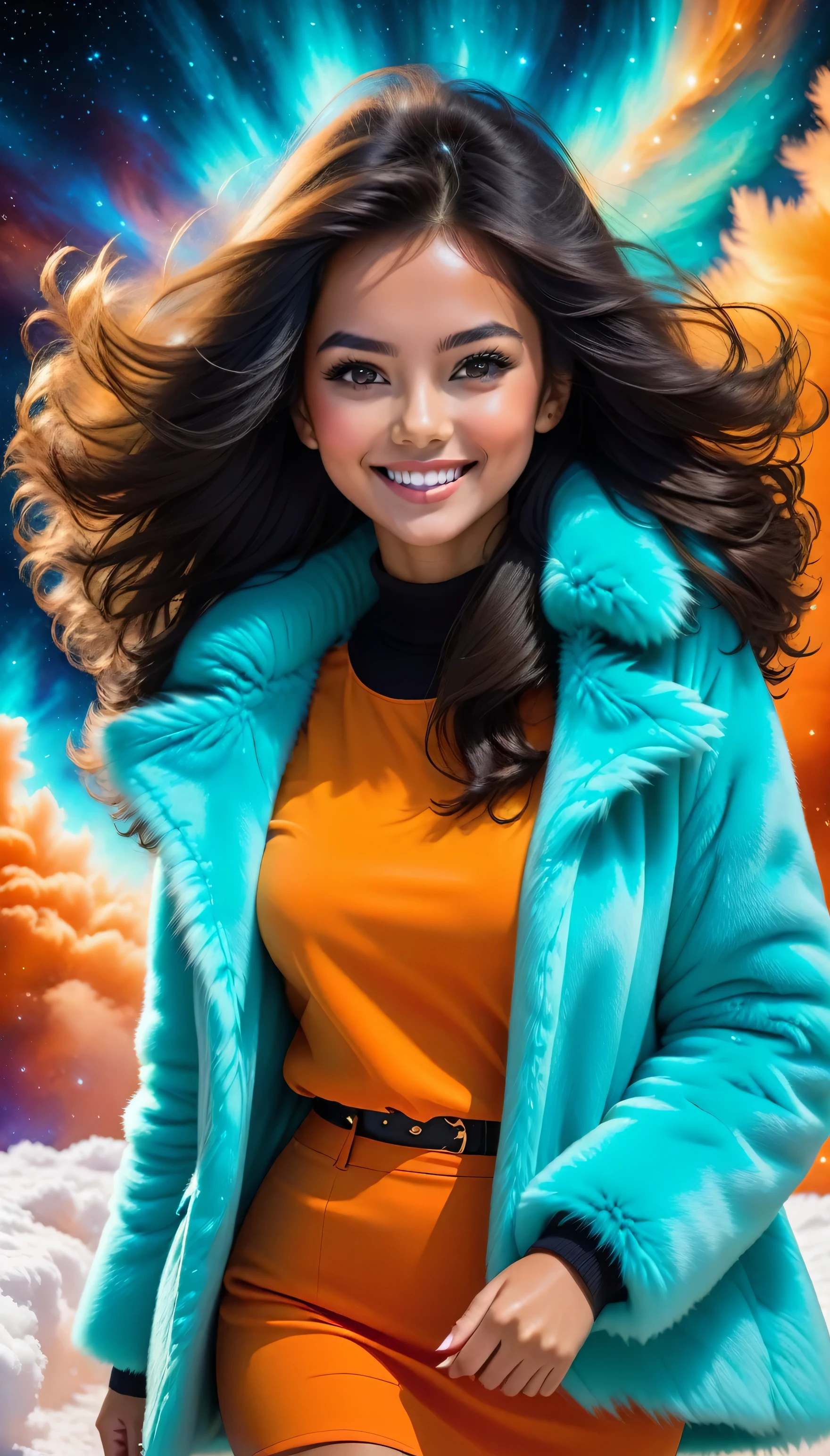 breathtaking, beautiful portrait of a stunning young woman with long tousled hair and a bright smile, happyThere is a mysterious nebula behind the girl, photorealistic young very beautiful girl of extraordinary appearance, (random faces) under the fur coat you can see a girl in a white and orange fluffy fur coat with a short skirt and a turquoise blouse, Brazilian, Girl with long black hair, with professional makeup, the girl&#39;s face is well highlighted, the girl looks like a Hollywood star, actress from films,masterpiece of a full-length girl,Through the fog you can see a huge gate with flowers and beyond the gate there is fog, In a well-lit space,Lisa,also a light-skinned girl with dark hair and brown eyes,collects her hair in a ponytail,she is a very beautiful girl with highly detailed eyes, she is inspired Jessica Alba , Heather Graham, Sasha Peters, Hayden Panettieri, Camilla Belle,dresses as her parents think,the girl is standing near the school,in beautiful tight clothes,all the trees are blooming in summer,Ultra realistic photo, ultra detailed skin, highly detailed texture, soft light, saturation, contrast,(masterpiece),ultra full hd 4k,clear focus, noise reduction