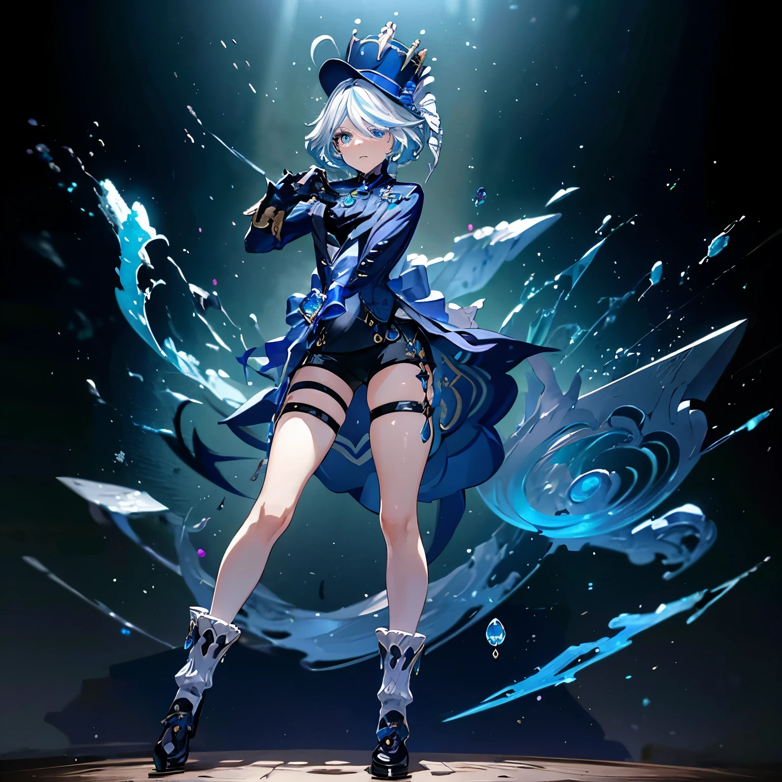 (furina, heterochromia, short hair, black shorts, blue hat, gloves, high heels), melhor qualidade, fotografia imperfeita, cores vivas, Realistic illustration, anime, fantasia, medieval, genshin impact, half body, felicidade