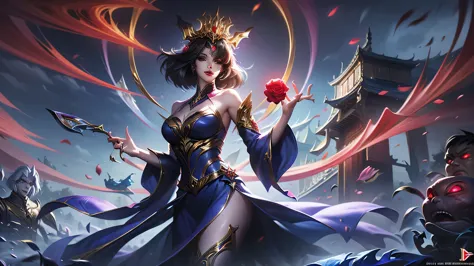 Night rose garden under the blood red moon stand female vampire, She have pale skin slong black hair bloodshot eyes and dark make up, she dressed in long sexy ghotic black dress with golden chains, (ultra high quality fantasy art, dafk fantasy style, maste...