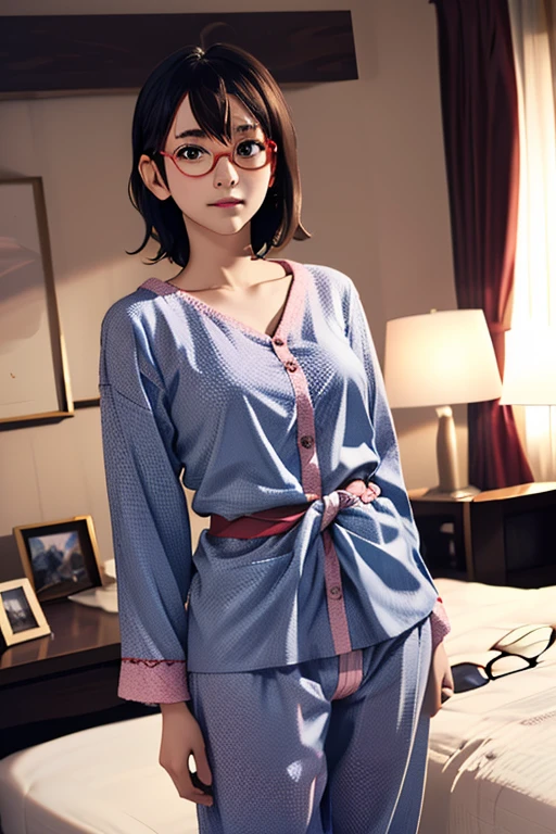 (chef-d&#39;œuvre, la plus haute qualité), Une fille,  Satou, Satou, Lunettes, pyjamas, Satou, Lunettes, 赤いフレームのLunettes, au lit:1.5,tête à la taille,Chambres d&#39;hôtel,pyjamas姿,