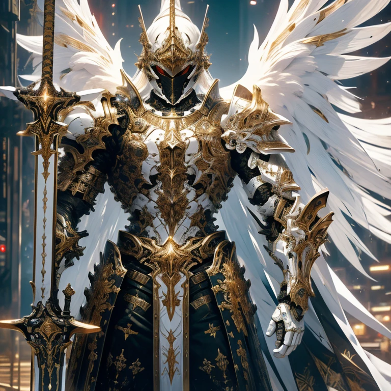 (masterpiece, best quality:1.2), a subject, A warrior in armour techno fantasy style, holy sword,(technological aggressive design), cyberpunk, 4K, UHD, (Photorealistic:1.4),Ultra high resolution, masterpiece, ultra realistic, ultra nitide, insane details, ((white and gold, angel themed))