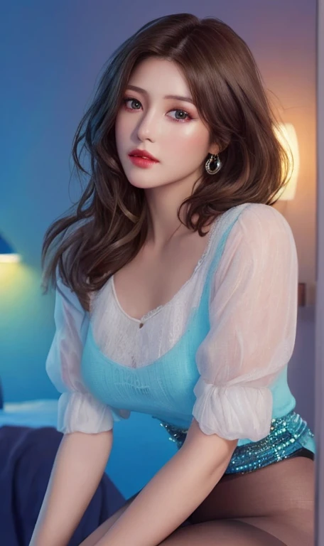 ((Top Quality、16K、​masterpiece:1.3))、a tall and beautiful woman、Perfect Figure:1.4、retro futuristic aesthetic, Gemma Arterton (charming) solo, pale-brown hair (short hairstyle), realistic hair, realistic eyes, pale-white skin (highlighted, realistic shading)、huge bust、Highly detailed facial and skin texture、(A detailed eye, Symmetry Eyes, Clear realistic eyes, Double eyelidd、Cold-stricken face、Symmetrical face), very  realistic skin, goth makeup, Royal sisters full of fans、The Telegraph Esbian、peach buttocks, white women's shirt, alternative skirt, black tights,  squart、(Raw foto:1.2)、((Photorealcitic:1.4))Top Quality、​masterpiece、Real Photography、very delicate and beautiful.、super detailed CG、Unity、8K photo wallpaper、delicate detail、best qualtiy、Highly detailed CG unity 16k wallpaper、absurderes、Incredibly Absurd、huge file size、extremely highly detailed、Hight Resolution、ighly Details、Beautiful detail girl、extremely beautiful eyes and face, cute eyes look、Facial light、cinematic lightings、(Proportional hips, thick thighs, beautiful legs, realistic pantyhose) 1girll、see -through, inside a futuristic bedroom, neon soft lights in the dark room (soft magenta, cyan and pale-yellow lights) , dream atmosphere、ulzzang-6500、The Telegraph Esbian, different poses at different angles,