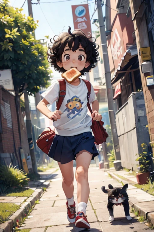 masterpiece,highest quality,masterpiece，Cute doodles，Hilarious, Honor student, 10 years old，Short length，Curly Hair，Long Brown Curly Hair，Vibrant, inquisitive eyes，freckles，Thick eyebrows，Short lengthの白いTシャツ，Very short miniskirt in denim，Open Fly，sneakers， Flower-like scent,City Street, running, Toast in the mouth，bag，Actually, forgot to wear underwear..,Playing with cats，