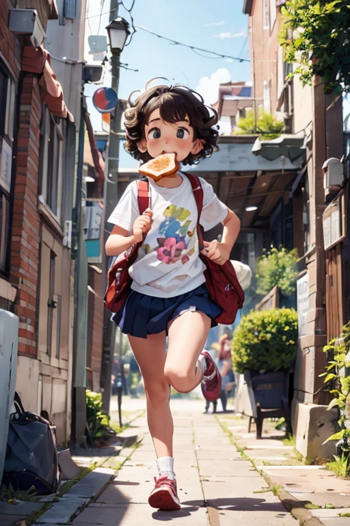 masterpiece,highest quality,masterpiece，Cute doodles，Hilarious, Honor student, 10 years old，Short length，long brown curly hair，Vibrant，inquisitive eyes，freckles，Thick eyebrows，Short lengthの白いTシャツ，Very short miniskirt in denim，Open Fly，sneakers， Flower-like scent，City Street，running，Toast in the mouth，bag，I actually forgot to wear underwear.，Playing with cats，