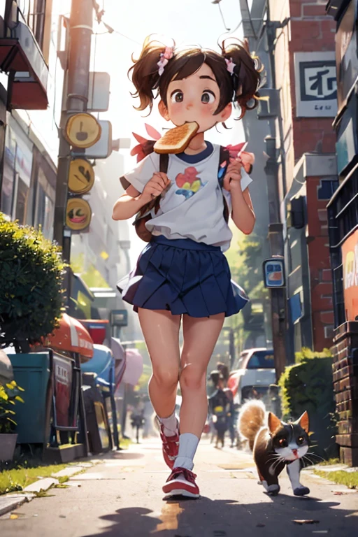 masterpiece,highest quality,masterpiece，Cute doodles，Hilarious, Honor student, 10 years old，Short length，Long brown curly twin tails，Vibrant，inquisitive eyes，freckles，Thick eyebrows，Short lengthの白いTシャツ，Very short miniskirt in denim，Open Fly，sneakers， Flower-like scent，City Street，running，Toast in the mouth，bag，I actually forgot to wear underwear.，Playing with cats，