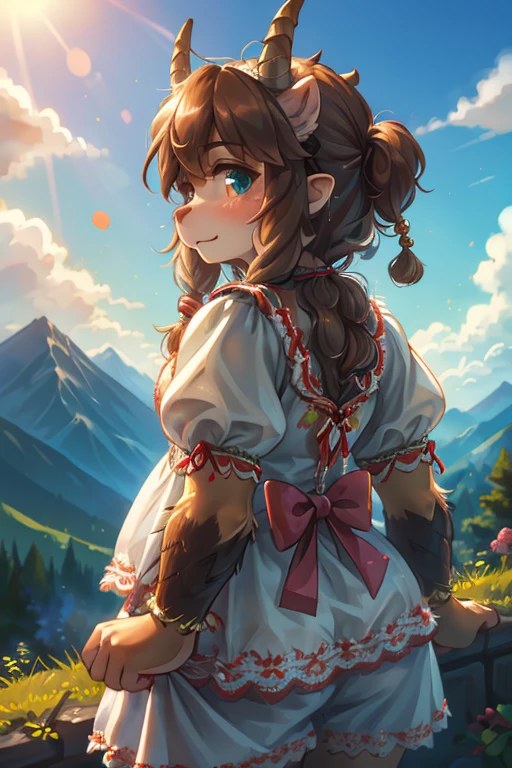 rear Bokeh , hairy goat girl , realistic hairy fur , round face , Swollen cheeks , Hair ties , (Swiss traditional summer costume) , Why can I hear the whistle so far away, Why are those clouds waiting for me,Tell me, Grandpa, in the Mountains in Alm , front view , back shot , side view , Dutch angle