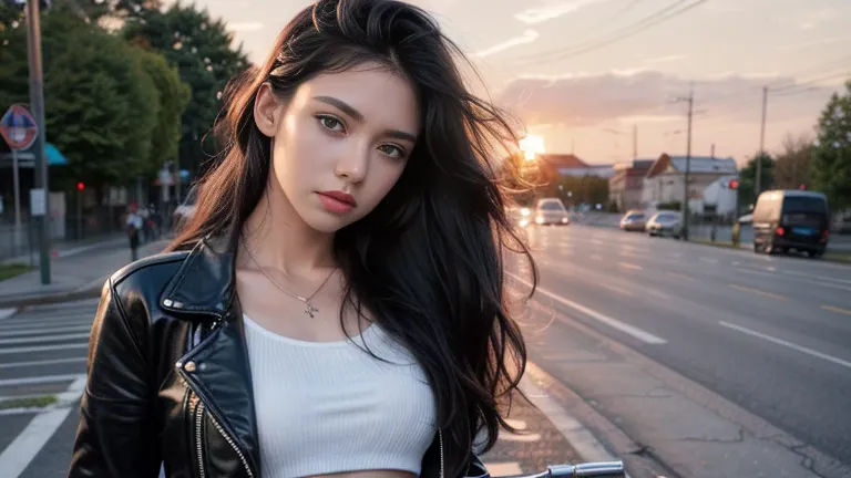 gorgeous 20 year old european woman, black wavy hair,  standing on the road, bike in the background, white cotton crop top, supe...