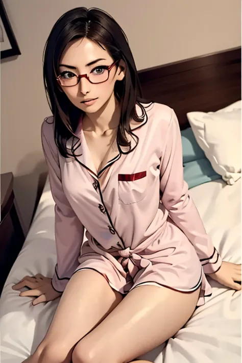 (masterpiece, highest quality), One Girl,  Satou, Satou, Glasses, pajamas, Satou, Glasses, 赤いフレームのGlasses, In bed:1.5,Head to wa...